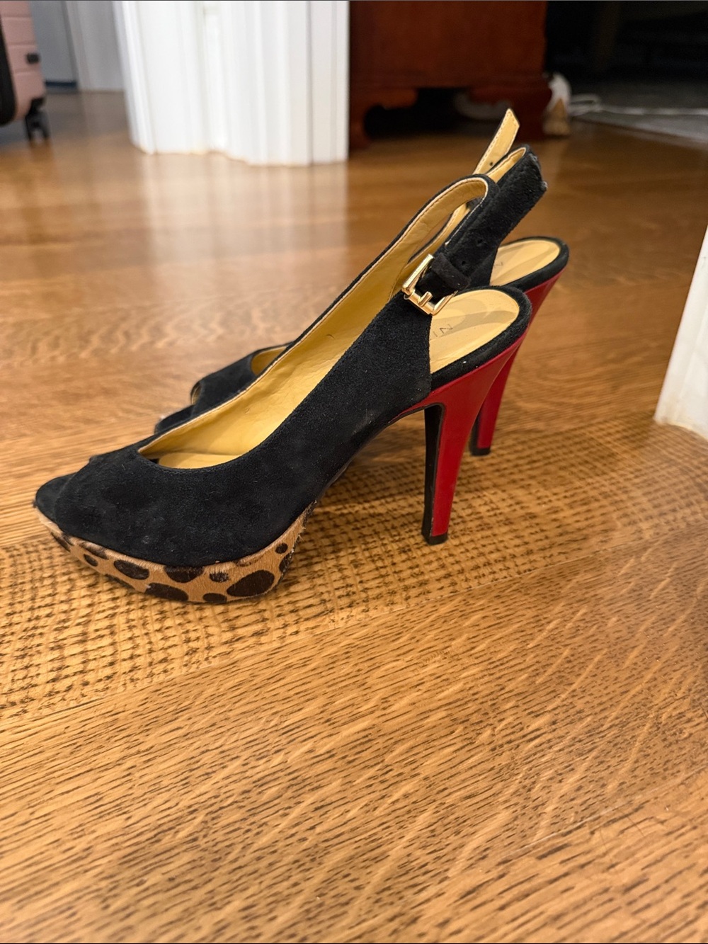 Nine West Black Suede Slingback Heels with Red Stiletto and Leopard Platform